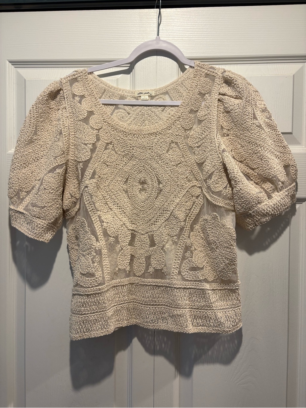 Womens Puff Sleeve Crochet Mesh Lace Cream Top Boho Cottagecore Feminine Sz S
